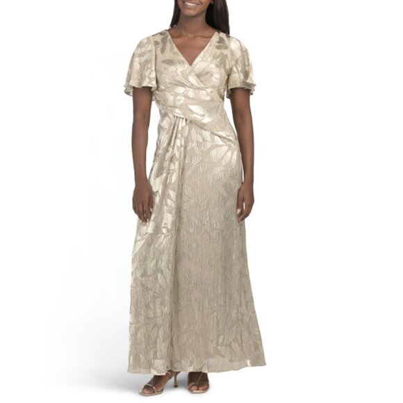 ADRIANNA PAPELL Champagne/gold Ruffle Sleeve Floral Metallic Print Gown - Picture 1 of 2